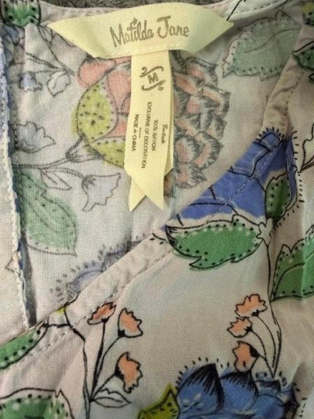 Junior's Floral Print Sleeveless Cotton Dress - White with Blue & Coral Flowers - Picture 3 of 3